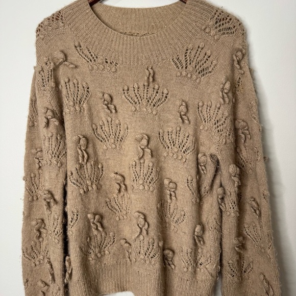 Alan Blizerian Tan 100% Cashmere Open Textured‎ Seashell Neck Sweater - Picture 3 of 16